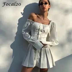 Focal20 сексуальное с открытыми плечами с пышными рукавами женское однотонное платье выше колена с длинными рукавами с оборками Лето Весна