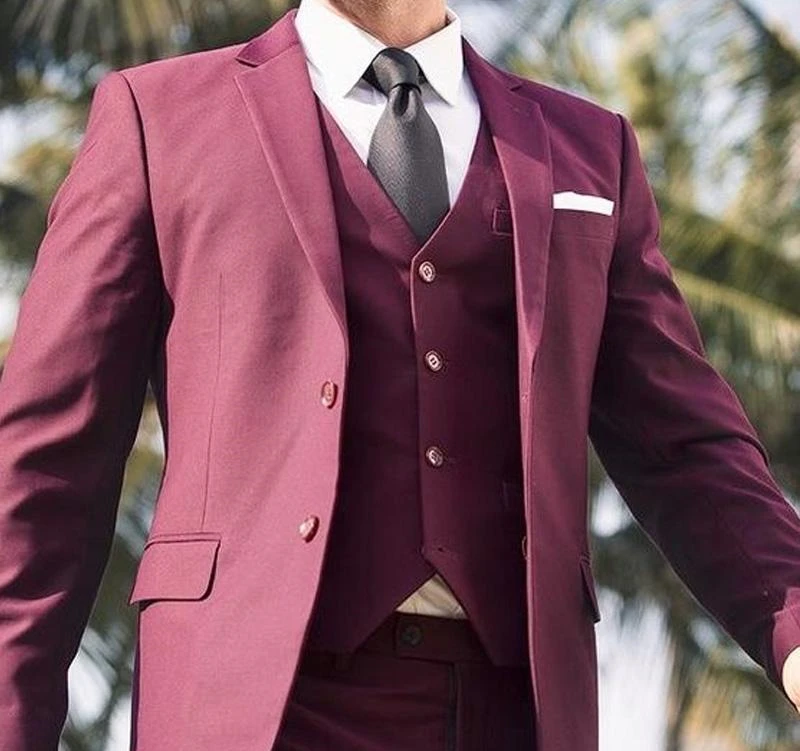 2019 Burgundy Wedding Men Suits Notched Lapel Casual Style Blazer Three ...