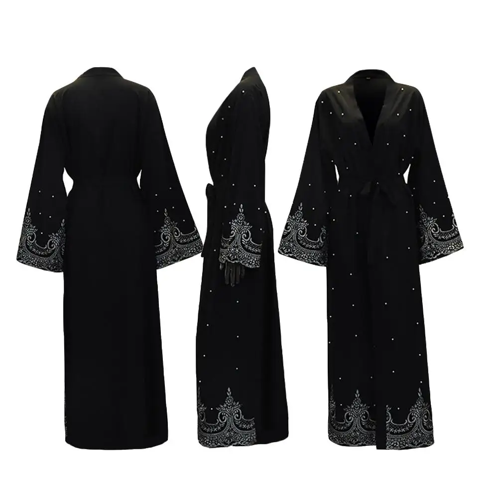Черный Abaya Дубай открытый кардиган вышивка бисером мусульманский кафтан джилбаб вечерние Макси платье арабский свободный v-образным вырезом с поясом исламский халат - Цвет: Черный