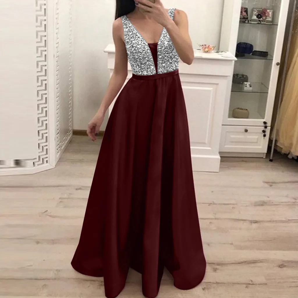 

Women Summer Maxi Dress Sequin Dresses Sleeveless V-neck Long Evening Party Dresses Summer Dress 2019 vestidos de verano