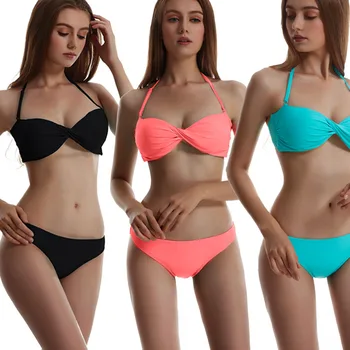 

Womens Pure Color Push-up Bikini Set New Brazilian Biquini Split Two Pieces Bandage Swimsuit Triangle Swimwear Bathing Suit