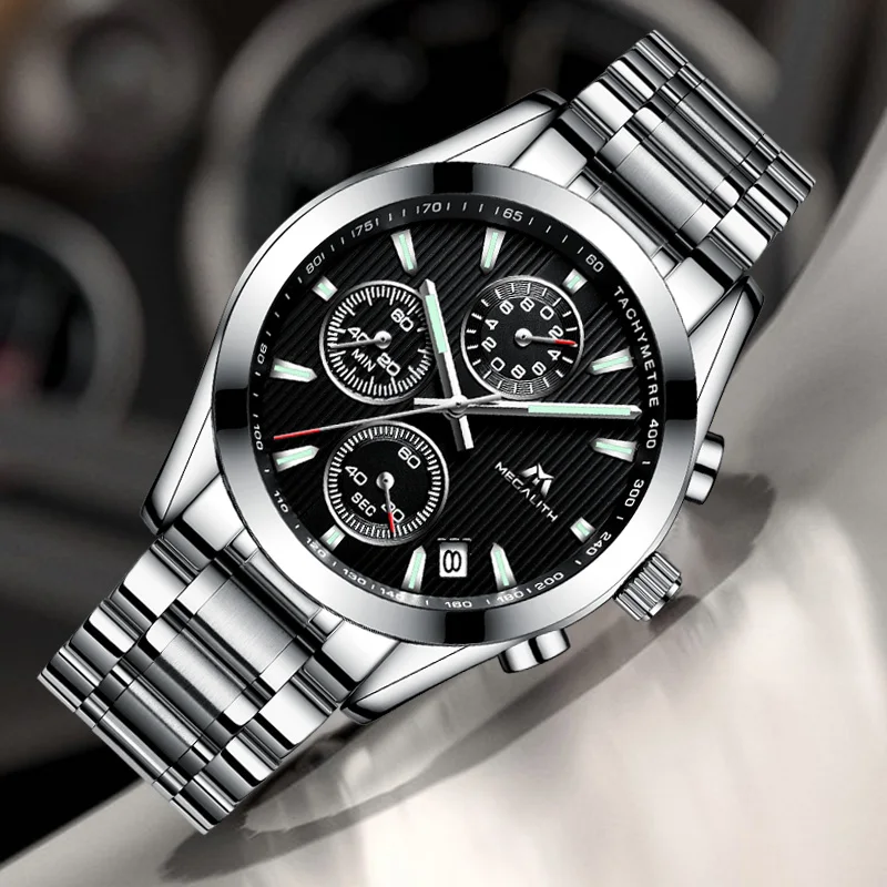 MEGALITH Watch Men Clock Sport Military Quartz Watch Waterproof Luxury Chronograph Stainless Steel Wrist Watch Relogio Masculino