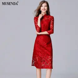 MUSENDA плюс размер женская бордовая кружевная подкладка Туника Cheongsam платье осенние женские вечерние платья vestido одежда халат