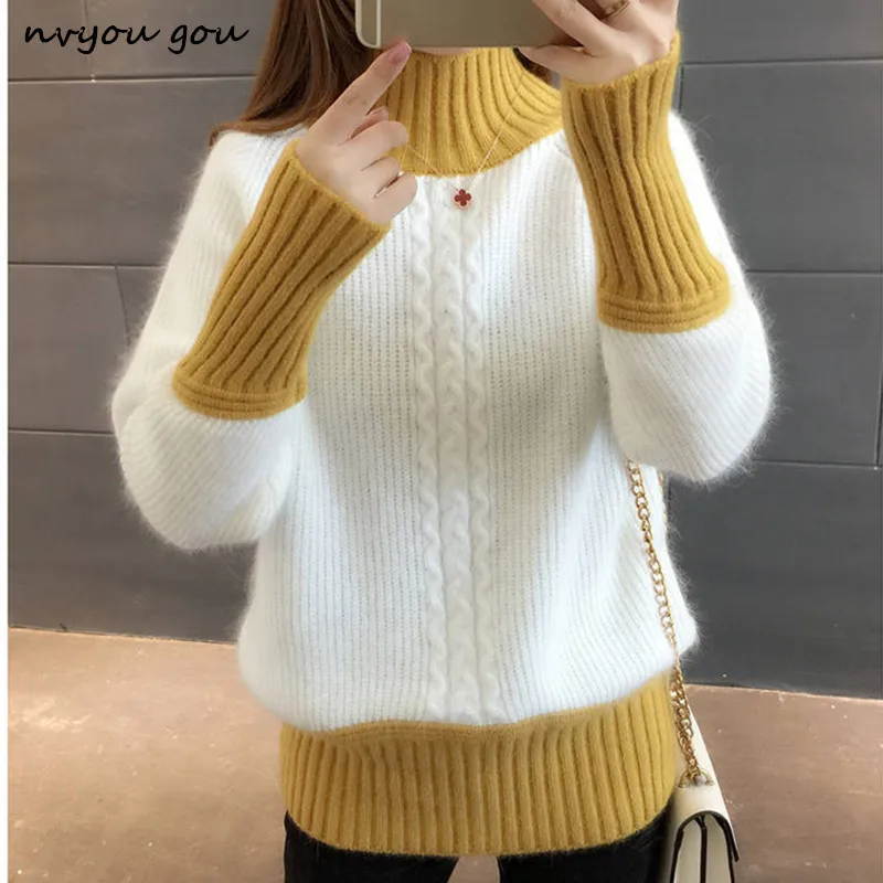 Goedkoop Nvyou gou Coltrui Patchwork Trui En Trui Vrouwen Mode 2018 Winter Lange Mouw Casual Vrouwelijke Warme Gebreide Jumper