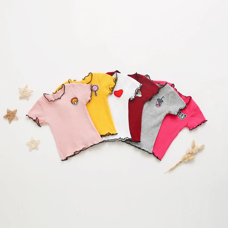 

Brand New Kids Baby Girls Short Sleeve Tops Rib T-shirt Toddler Summer Wave Selvedge Clothes Outfit Embroidery Shirt 0-3Y