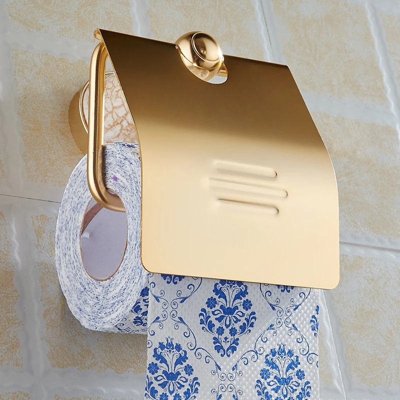 Toilet Paper Holder Waterproof Aluminium Ceramic Decorative Paper Towel Holder Wall Mounted Bathroom Tissue Roll Paper Rack Gold