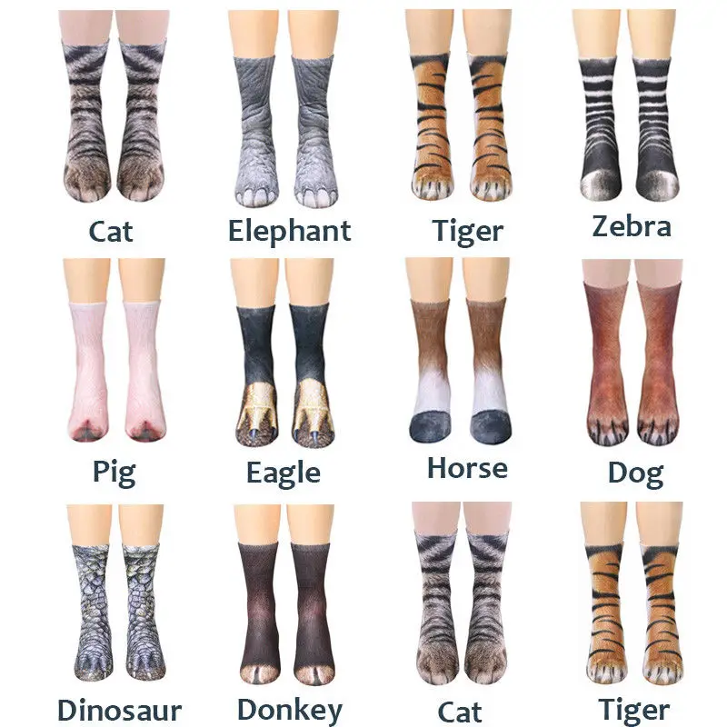 

New Adult Animal Paw Feet Crew Socks Sublimated Print Novelty Funny Unisex