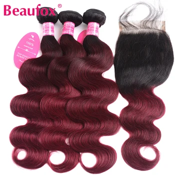 

Beaufox Ombre Human Hair Bundles With Closure Brazilian Body Wave Bundles With Closure 1B/99J Remy 3 Bundles With Closure