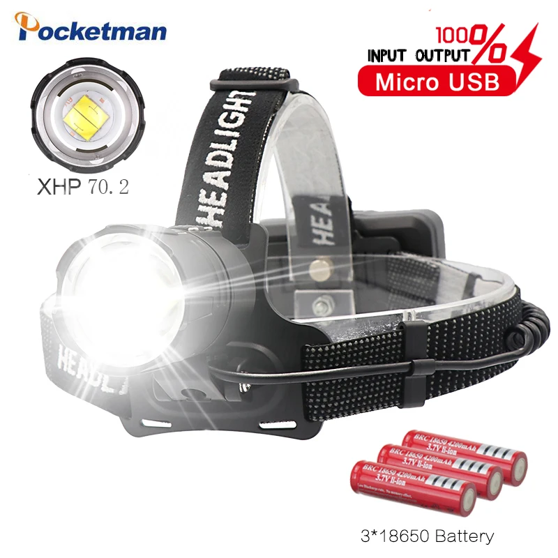 

70000Lumen XHP70.2 Led Headlamp Ultra Bright headlight Zoomable Torches USB INPUT / OUTPUT Powered by 3*18650 battery Flashlight