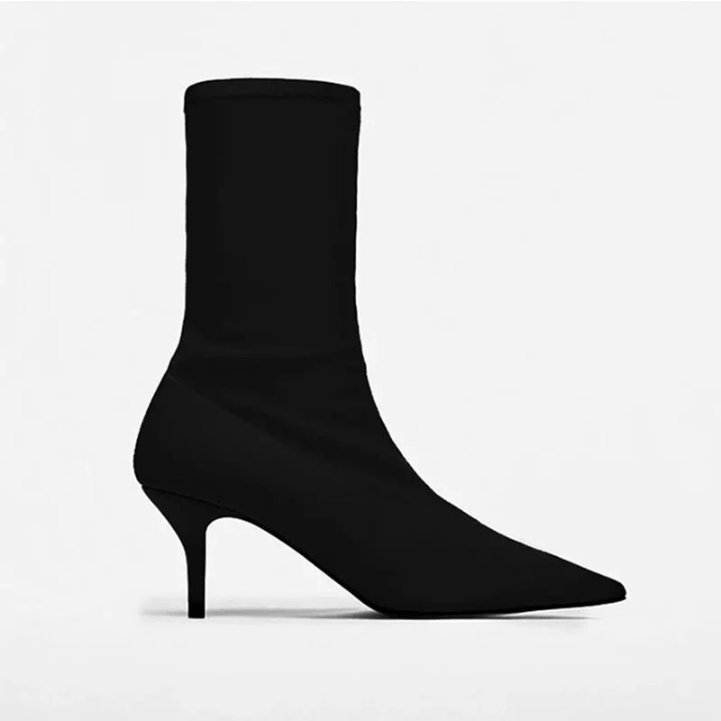 Новые Демисезонные ботинки женские ботильоны с острым носком из эластичной ткани классические высокие сапоги на высоком каблуке на молнии пикантные туфли-лодочки женская обувь