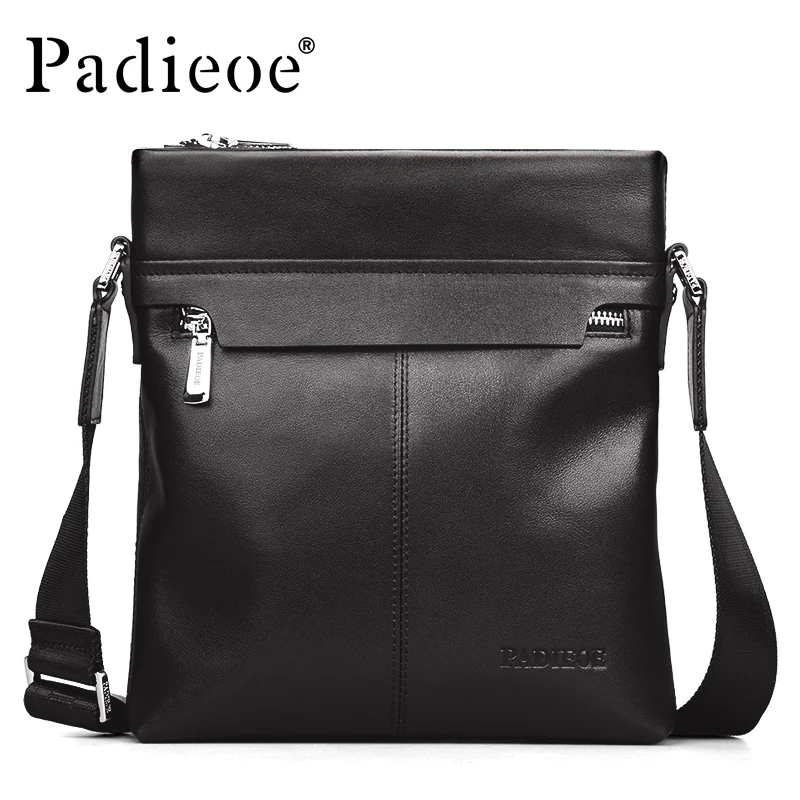 Padieoe Luxury men genuine leather zipper envelope shoulder bags Durable male handbag crossbody sling bag Black messenger bag