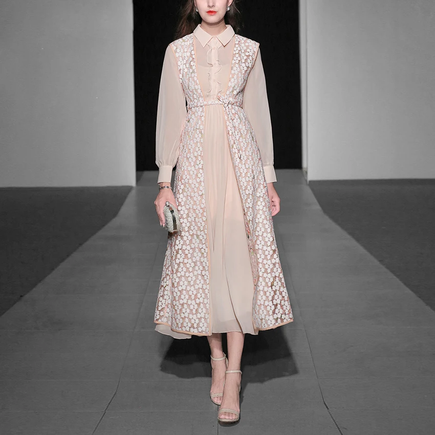 

Red RoosaRosee New Designer Summer Women 2019 European And American Slender Turn-down Collar Long Sleeve Elegant Dress Vestidos