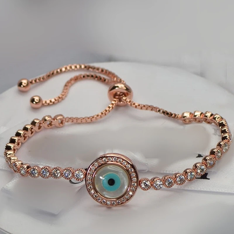 Adjule 925 Sterling Silver Rose Gold Blue Evil Eye Round Mother Adjule 925 Sterling Silver Rose Gold Blue Evil Eye Round Mother Of Pearl Bracelet With Aaa Cz Cubic Zirconia In Cuff Bracelets From Jewelry