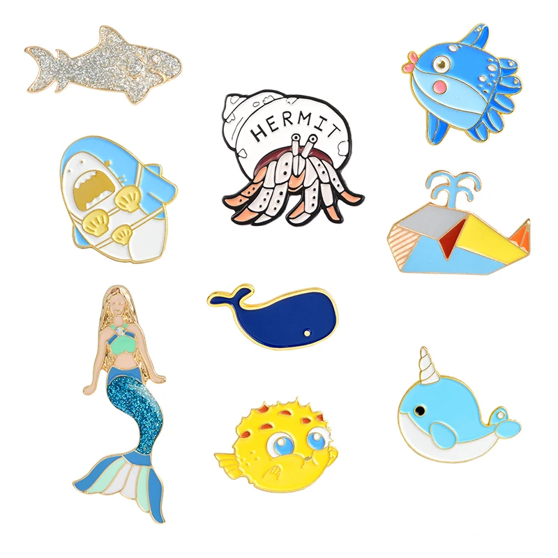 

Ocean animal Pins Mermaid Hermit crab Shark Whale Squid Puffer fish Cute Brooch Button Enamel Pin Collection Gift for friend kid