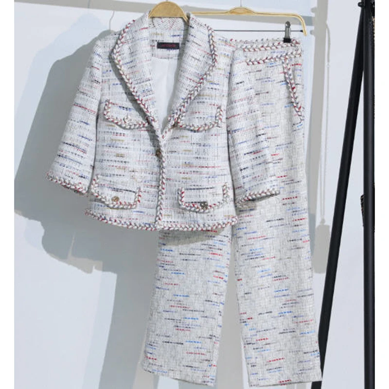2 delige Set Vrouwen 2019 Lente Herfst Dames Merk Mode Half Mouw Een Knop Jas + straight Pant Weave Tweed pak Set Y101 2 delige Set Vrouwen 2019 Lente Herfst Dames Merk Mode Half Mouw Een Knop Jas + straight Pant Weave Tweed pak Set Y101