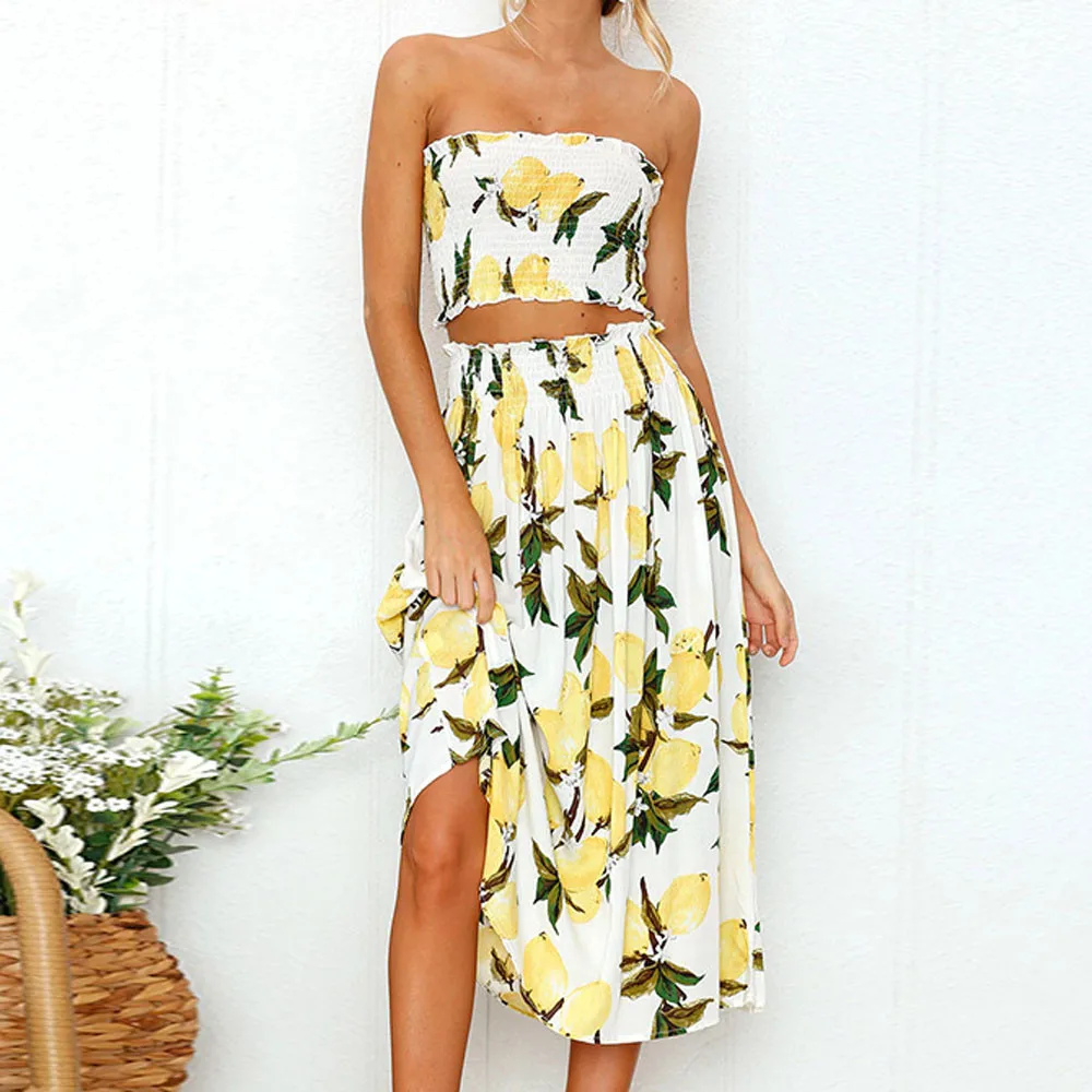 

Womens Summer 2PCS Set two piece Suit For Beach Lemon Printing Vest Shirt Tops Blouse Skirts 2PCS Set New Arrival Fashion#G