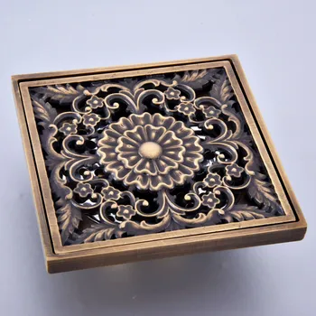 

Antique Brass Vintage Retro Carved Flower Pattern Bathroom Shower Drain 4" Square Floor Drain Waste Grates ahr061