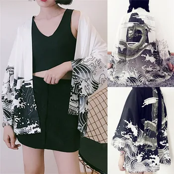 

Vintage Dragon Waves Printed Chiffon Kimono Outerwear Sun Protection Cardigan Sun Shirt Summer Women Clothing Outerwear