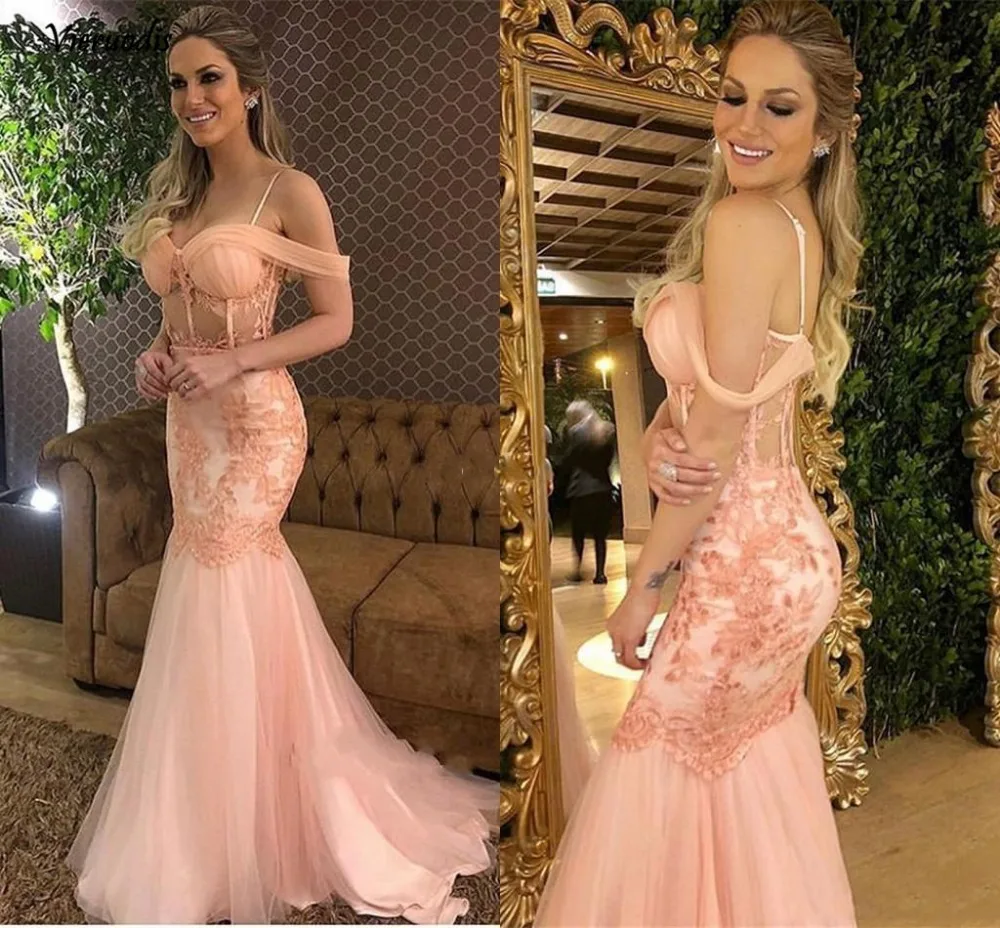 90-1                Elegant Pink Mermaid Prom Dresses 2019 Spaghetti Sweep Train Appliques See Through Long Formal Evening Party Gowns Special Occasion Dress