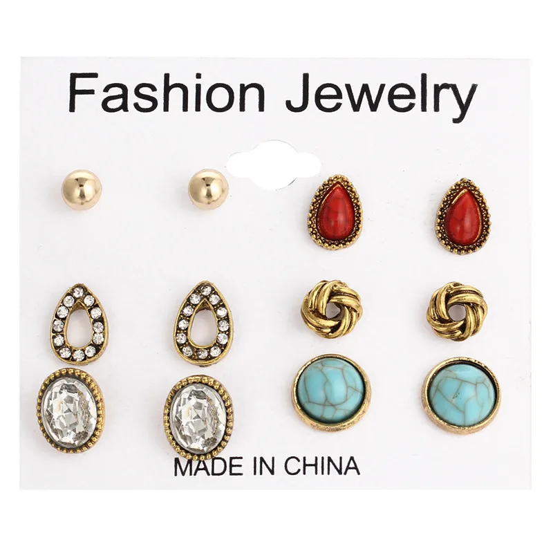 

6 Pairs / Set Bohemian Jewelry Crystal Earrings Set Female Geometric Shining Blue White Crystal Earrings Wedding Bride Jewelry