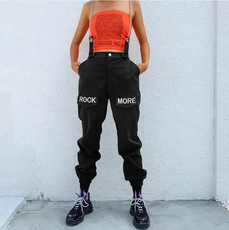 

Hip Hop Patchwork Chains Pants Women Elastic High Waist Black Track Pants Capris Embroidery Letter Trousers Female