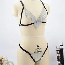 Страховочная система костюм сексуальный регулируемый средства ухода за кожей подвязки с цепочкой из двух вещей черно-бюстгальтер трусики фетиш одежда рейв-бандаж, портупея клетка