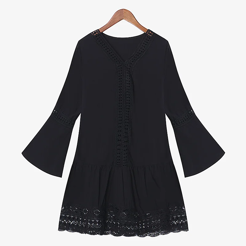 2017 Bohemian Style Women Summer White Dress Sexy Casual V Neck 3/4 Flare Sleeve Lace Crochet Loose Mini Beach Dresses Vestidos 15 2017 Bohemian Style Women Summer White Dress Sexy Casual V Neck 3/4 Flare Sleeve Lace Crochet Loose Mini Beach Dresses Vestidos 15