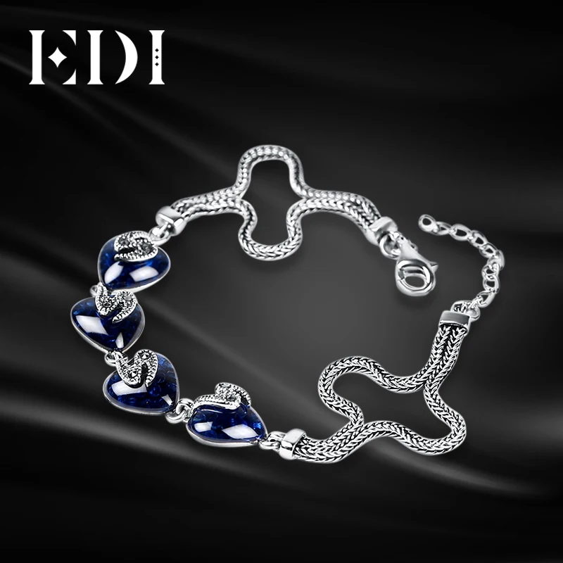 EDI Vintage Thai Silver Design Simulated Sapphire Bracelets For Women Natural Style With 925 Sterling Silver Fine Jewelry