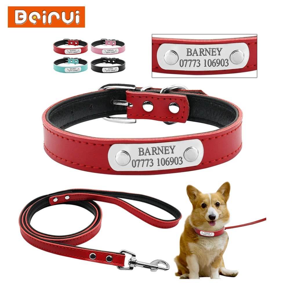 Leather Personalized Dog Collars and Leash Set Custom Cat Pet Name ID Padded Collar Free