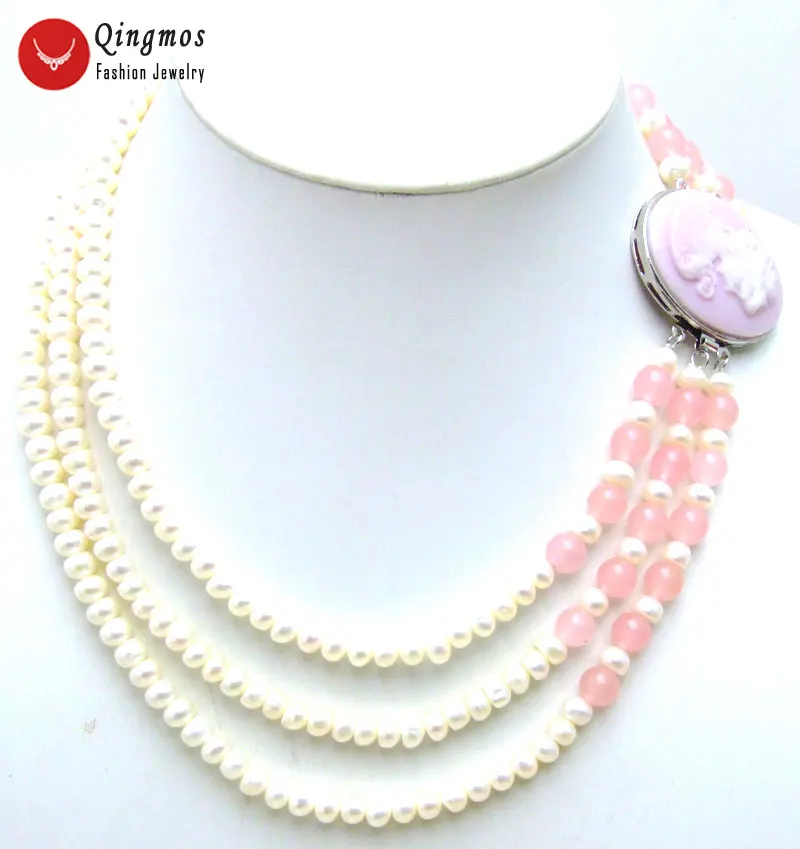 

Qingmos Natural Pearl Neckalce for Women with Pink Jades & 6mm Flat Round 3 Strands Pearl Chokers Necklace Jewelry 17" nec5199