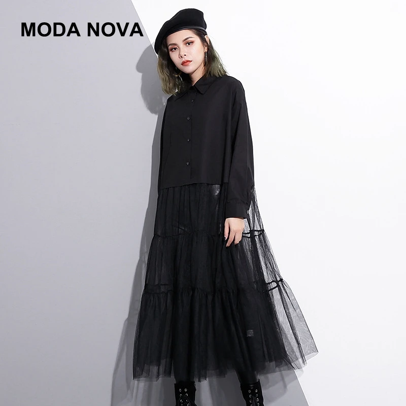 

MODA NOVA Designer Runway Dress Women Mesh Patchwork Pleated Long Sleeve Black Shirt Dress 2018 Plus Size Clothing Befree