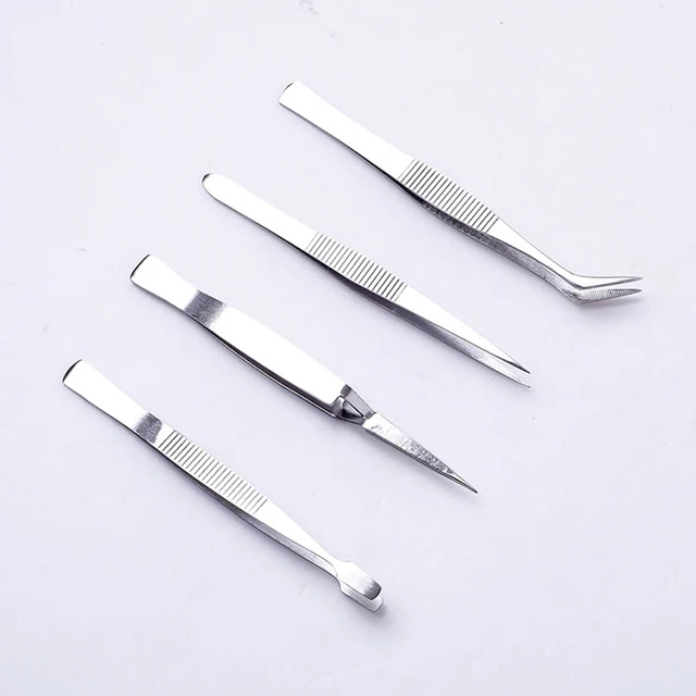 4pcs Stainless Steel Tweezers Set Straight/Elbow/Sharp/ Medical