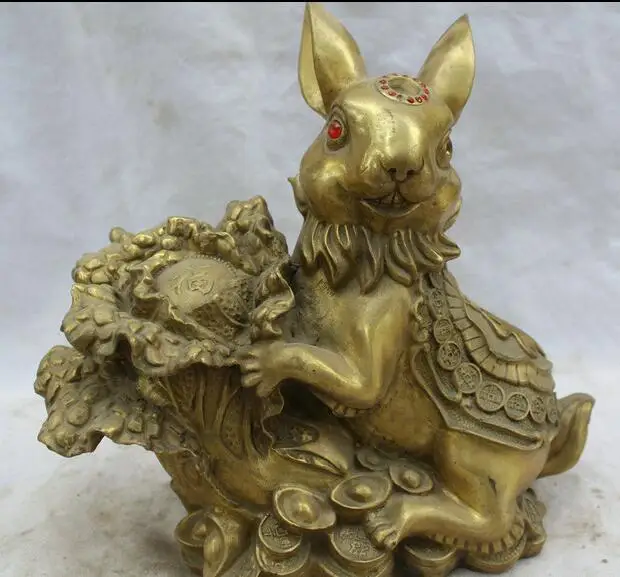 

free 12" Chinese Folk Feng shui Brass Fu Wealth Zodiac Rabbit Cabbage Statue Sculpture fast