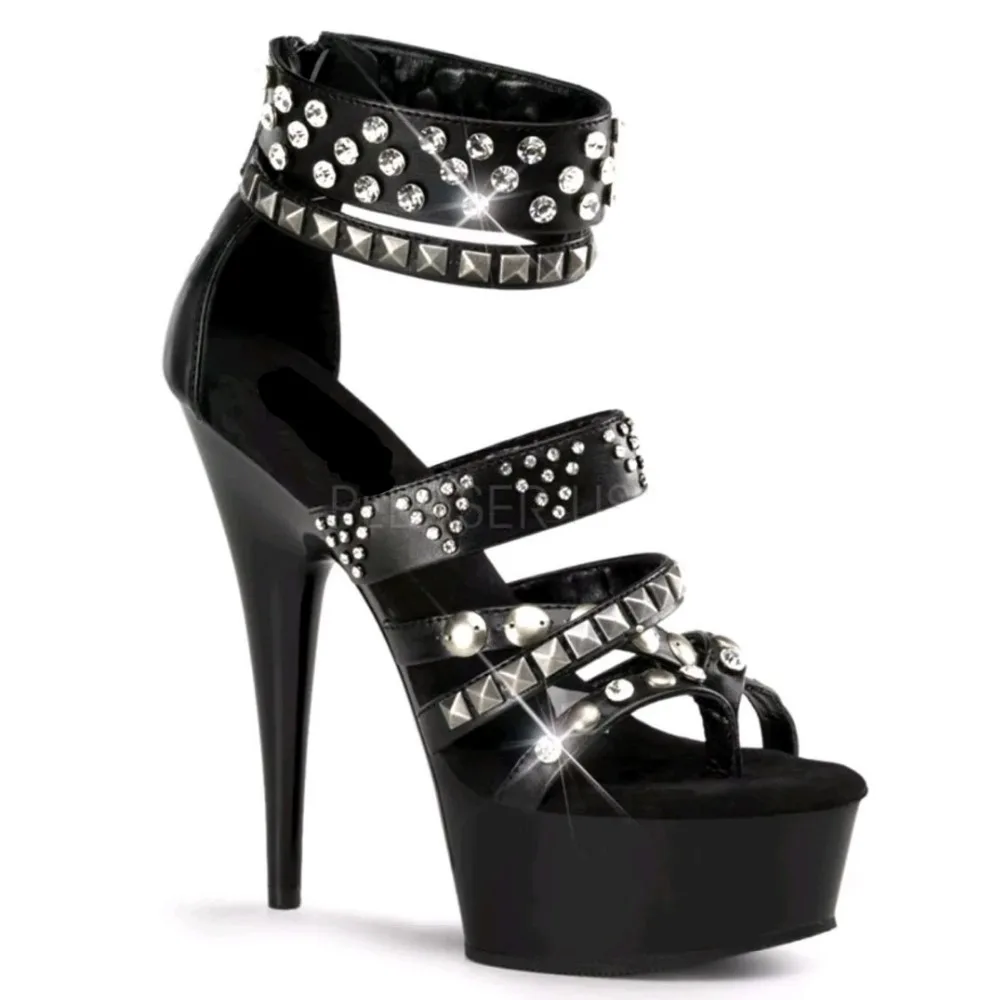 

Sexy 15cm, high looks simple and comfortable sandals, rivets decorate high-heeled club shoes