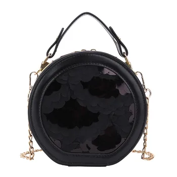 

Fashion Women Sequins Leather Crossbody Bag Round Shoulder Bag Beach Bag Chain Leather Messenger Bag bolso mujer P