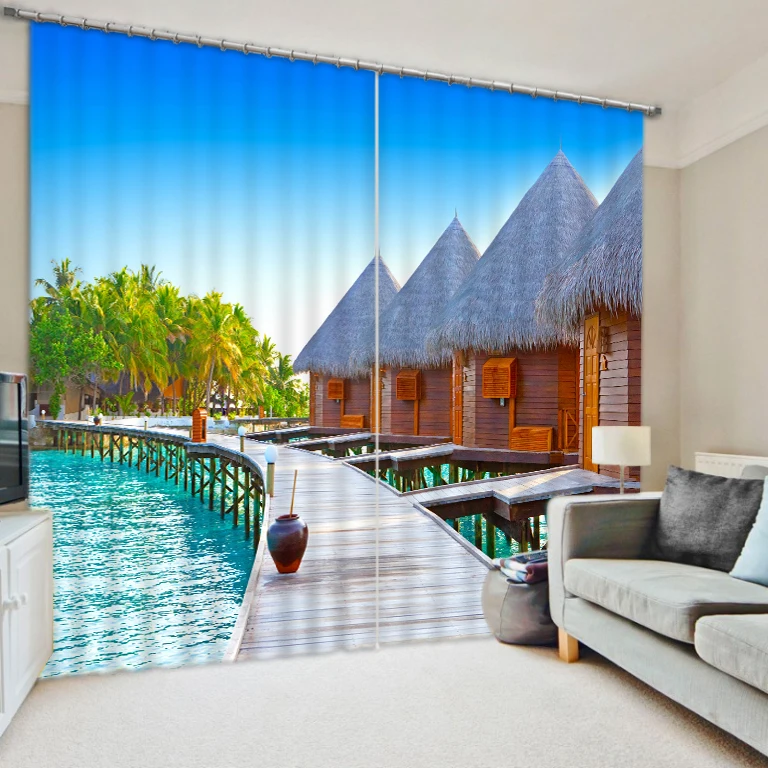 

Seaview Resort beautiful black silk fabric Digital printing personalized custom blackout curtains bedroom
