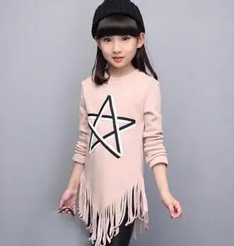 Spring Teenagers T-Shirts Tassel Girls Tops Tee Long Sleeve 8 10 12 13 Years Clothes For Girl School Kids Fashion Clothing - Цвет: Розовый