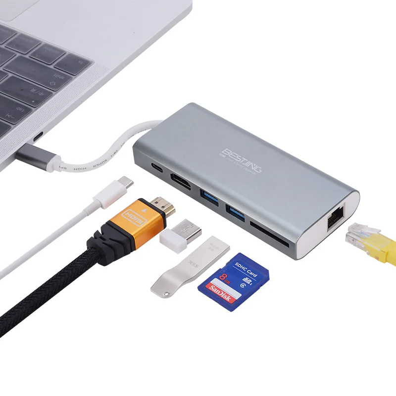 

USB Type C Hub 6 in 1 USB C to HDMI Gigabit Ethernet PD Charging Port 2 USB 3.0