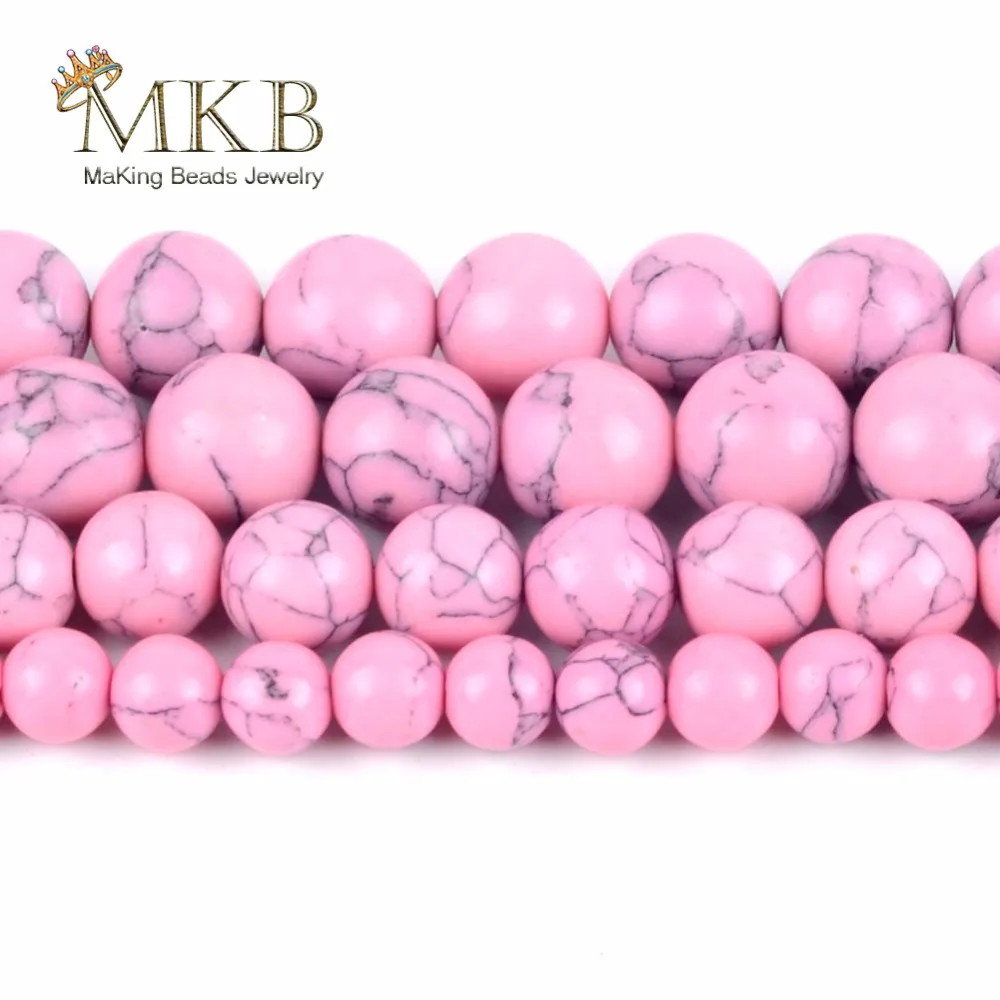 Wholesale 4 6 8 10 12mm Pink Turquoises Stones Round Beads For Making Bracelet Necklace Jewelry 15" Spacer Beads for Needlework