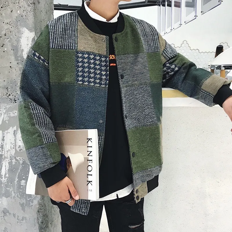 2018 Autumn Winter Men's Lattice Splicing Pattern Woolen Blends Stand Collar Fashion Red/Army Green Color Jackets Coats M-5XL 