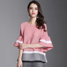 DEAT/Модная плиссированная футболка с цветными деталями в полоску с рукавами-трубами, новые винтажные топы с круглым вырезом на лето, BC556