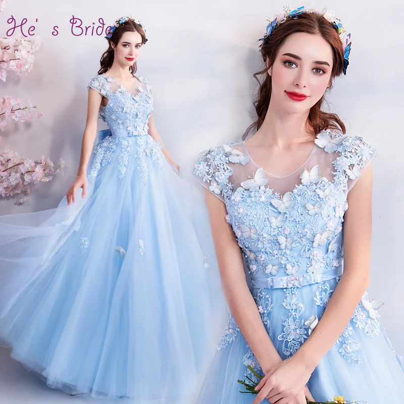 

He's Bride New Elegant Butterfly Bow Lace Up Back Floor-Length Long Blue Evening Dress Custom Party Pom Gown Robe De Soiree