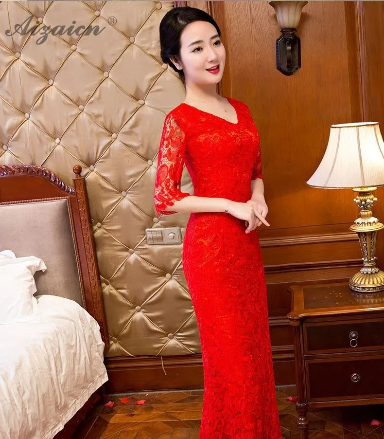 V-образный вырез кружева Cheongsam современные женские традиционное китайское свадебное платье Qipao Китайский, Восточный Стиль Длинные вечерние