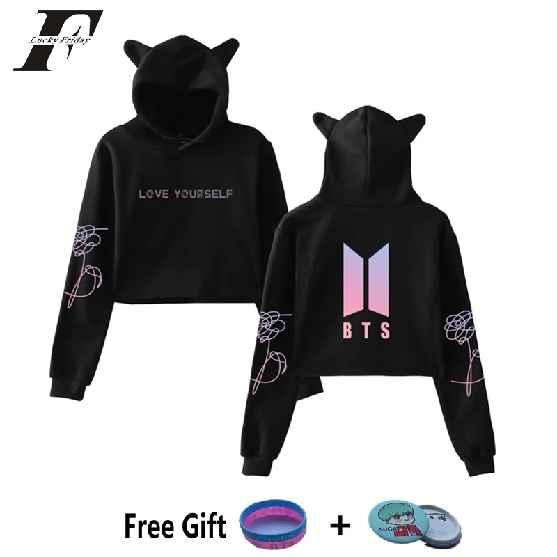 

LUCKYFRIDAYF 2018 BTS Love Yourself Tear Album Fake Love Cropped Hoodies Sweatshirt Cat Hooded Pullover Crop Tops Clothes