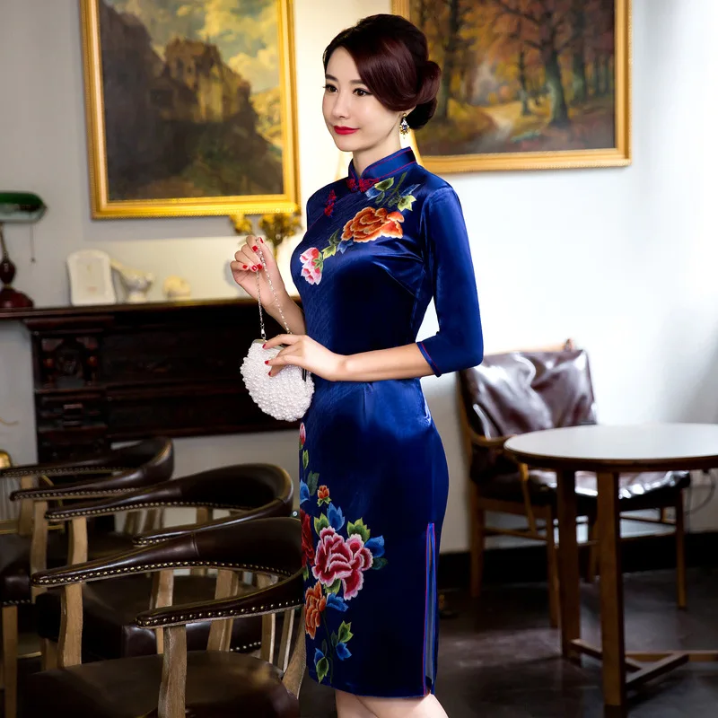 Формальные vestidos chineses традиционная китайская одежда для женщин бархат длинный Ципао дамы элегантный зима плюс размер платье