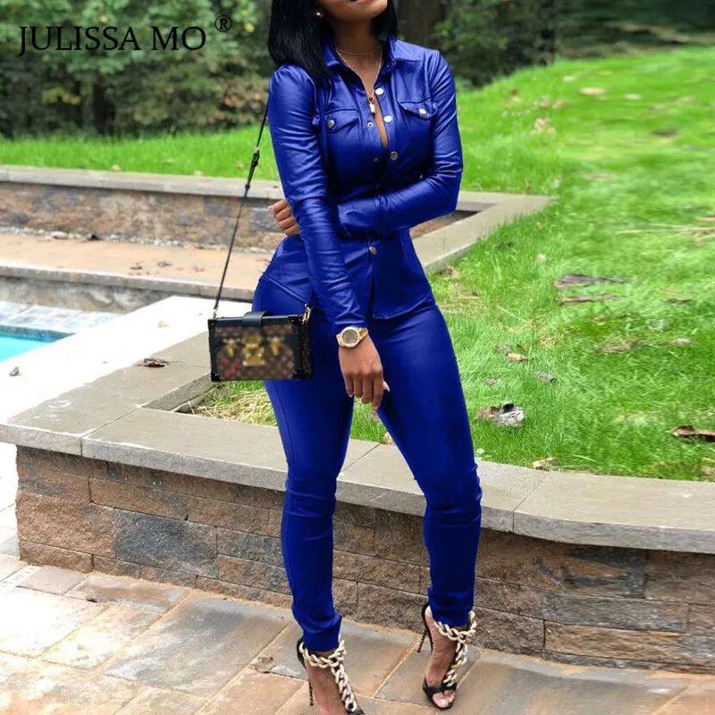 JULISSA MO 2 Piece Set PU Leather Tracksuit Women Overalls Long Sleeve T-Shirt+High Waist Pants Casual Button Jumpsuit Outfits JULISSA MO 2 Piece Set PU Leather Tracksuit Women Overalls Long Sleeve T-Shirt+High Waist Pants Casual Button Jumpsuit Outfits