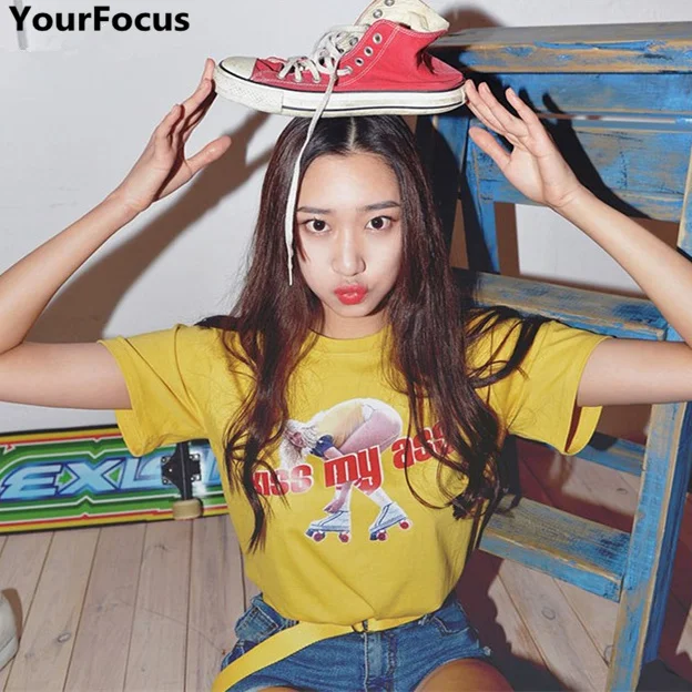 

New arrival vintage casual ins hot letters skating girl pattern printed yellow oneck cotton unisex tshirt YQ-606