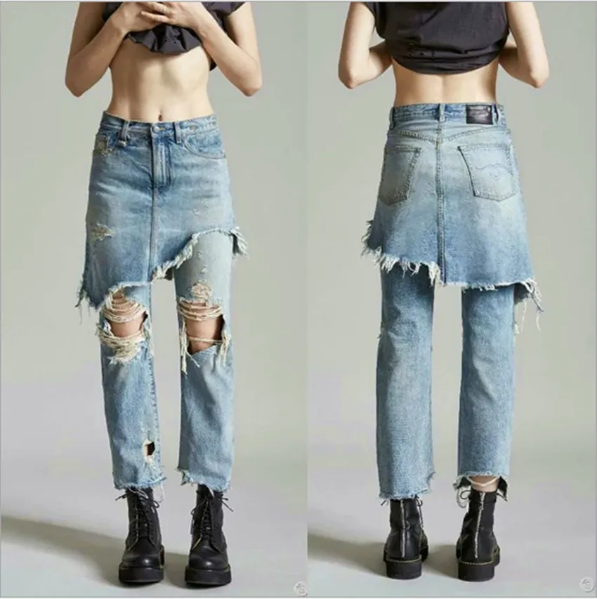 

New 2017 Spring Women Hole Washed Jeans Fake Two Pieces Denim Pants Slim Solid Scratched Irregular Trouses
