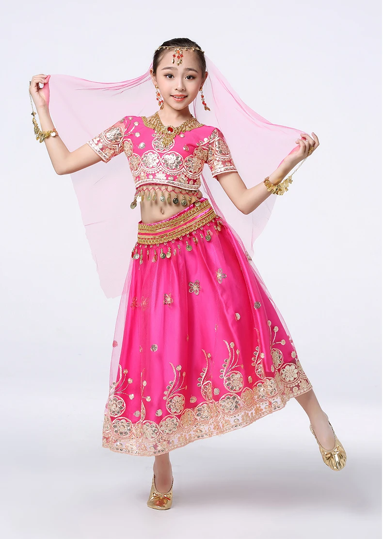 Новая детская одежда для танца живота индийское сари костюм Болливуд с ручной вышивкой комплект из 5 предметов(топ+ пояс+ юбка+ вуаль+ головной убор