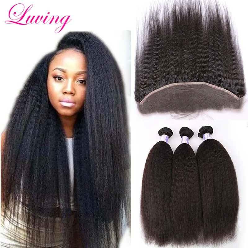 7A Mongolian kinky straight lace frontal closure with bundles 100 human hair kinky straight with lace frontal closure 4 pics/lot